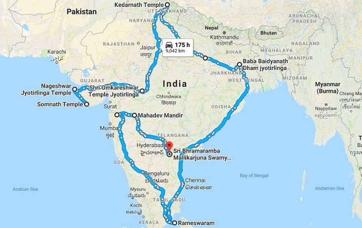 Suggested pilgrimage route planning for 12 Jyotirlingas