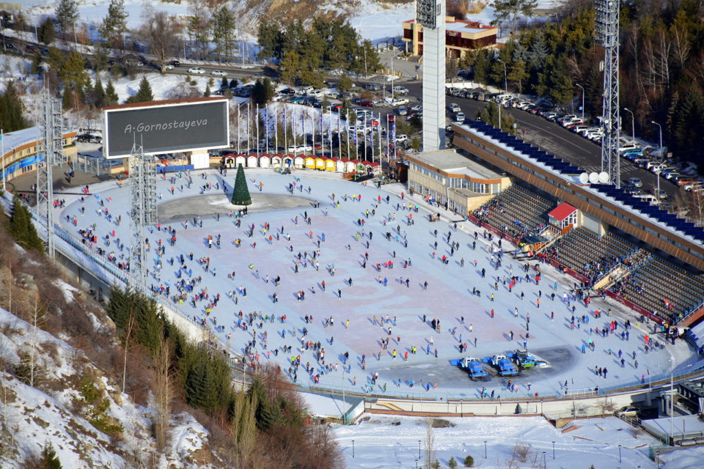 Medeu skating rink with mountain backdrop
