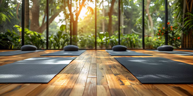 Yoga deck at meditation retreat in Rishikesh