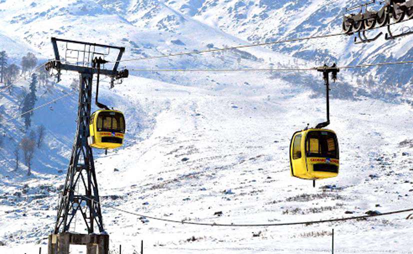Gulmarg Gondola cable car ascending through mountains with blue sky