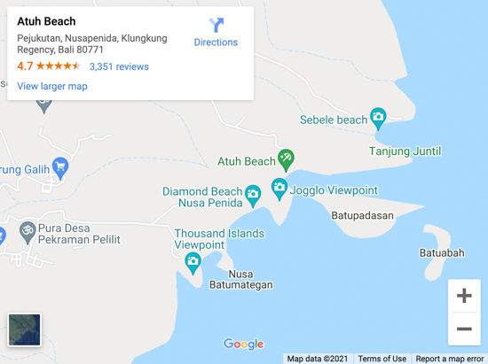 Nusa Penida island showing Atuh Beach location