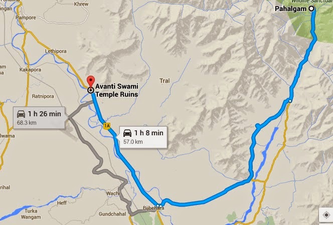 Location map showing Avantiswami Temple from Srinagar