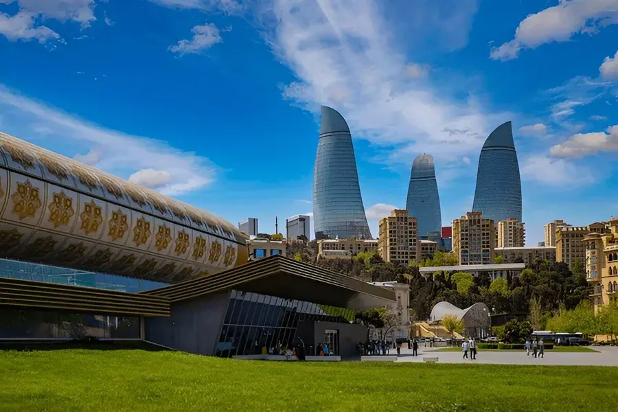 Baku skyline and Caspian coast under changing weather