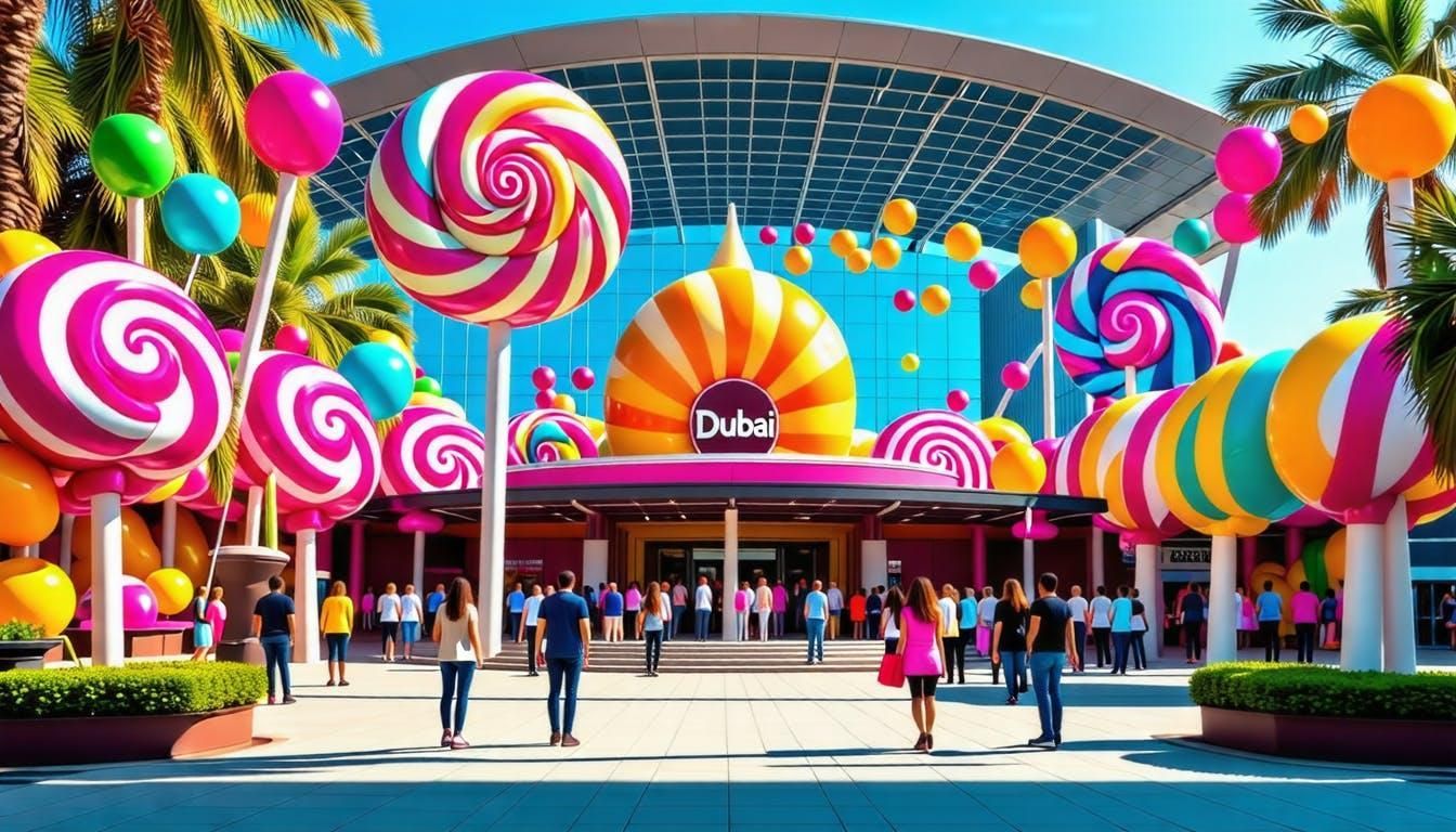 Colorful entrance of Candy Museum Dubai with bright candy decorations