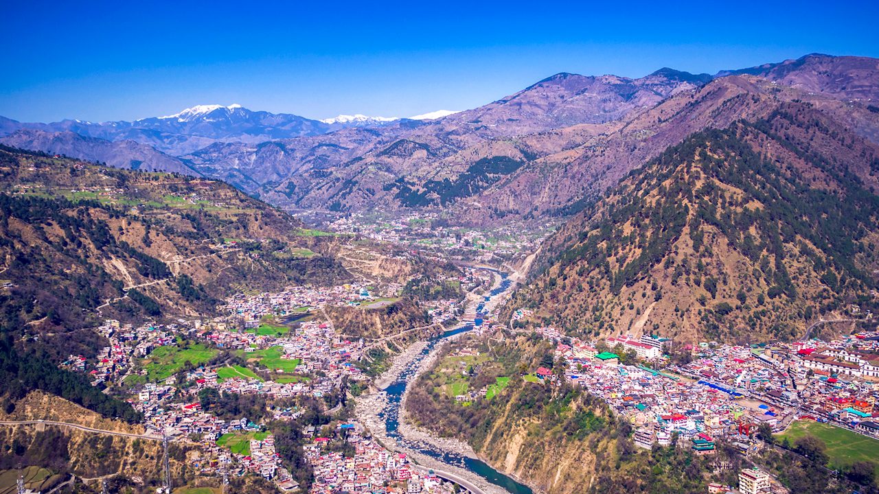 Chamba valley panorama with hillside town and mountain backdrop