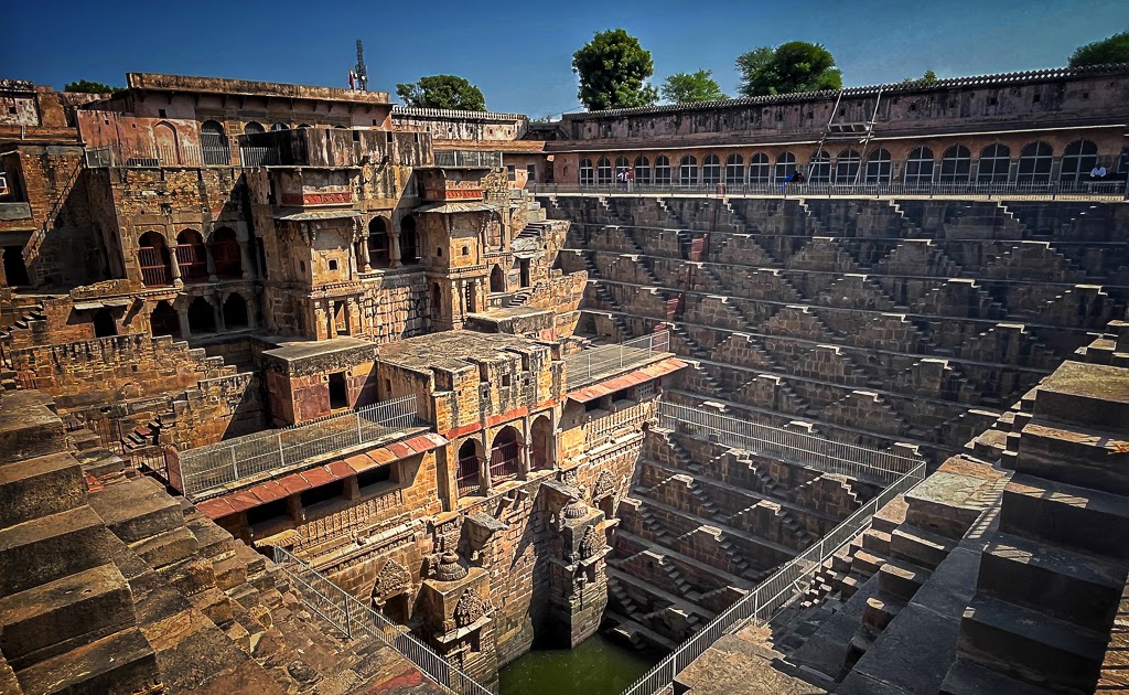 Aerial view of Chand Baori showing its magnificent geometric step pattern