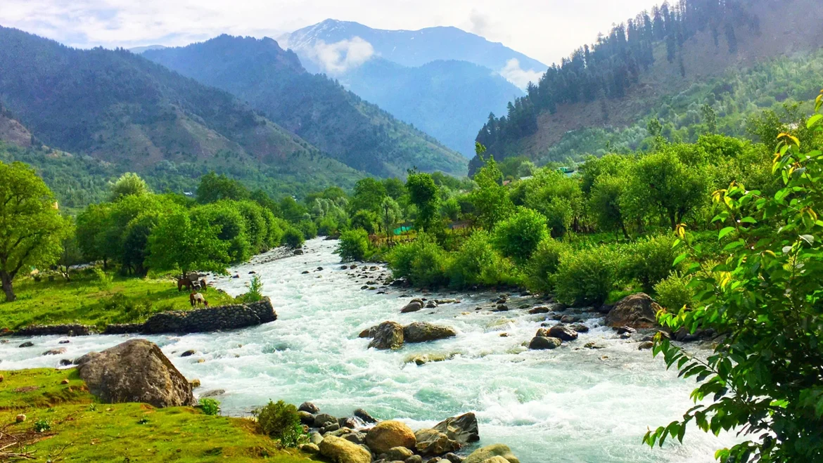 Mountain road and valley landscape at Chandanwari in Kashmir
