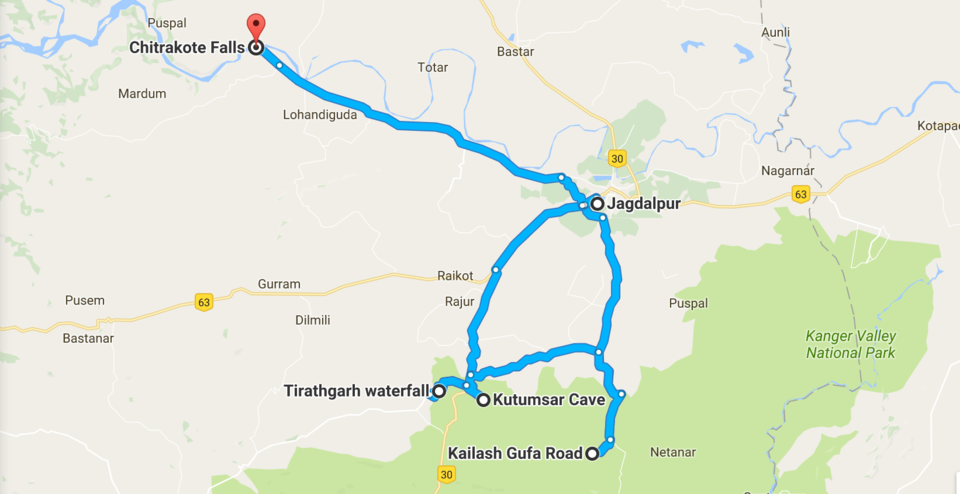 Road route planning to Chitrakote Falls from Jagdalpur and Raipur
