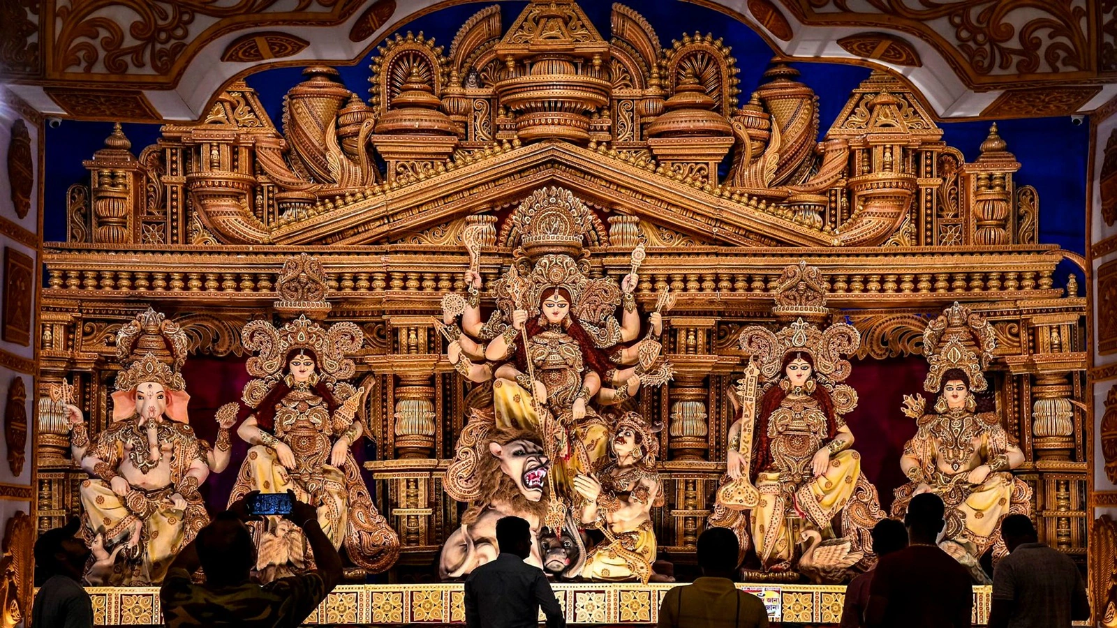 Magnificent Durga Puja pandal in Kolkata with elaborate lighting
