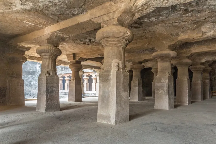 Pillared interior of the main Elephanta Caves chamber