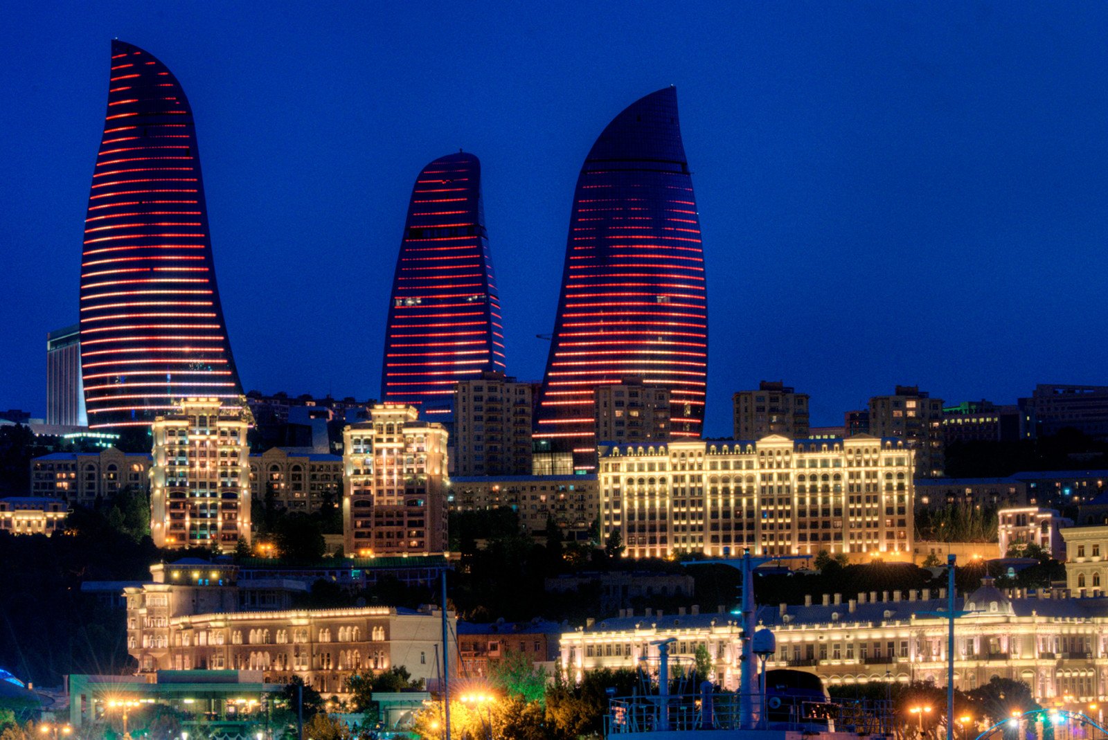 Flame Towers illuminated above Baku skyline