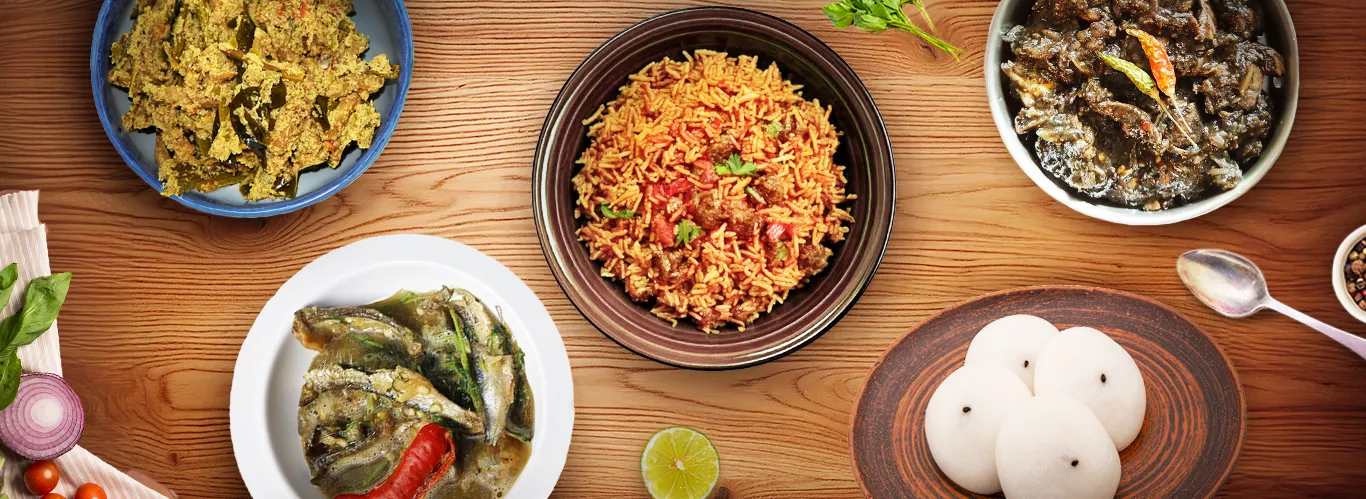 Traditional Meghalaya food spread with rice, meat and local sides