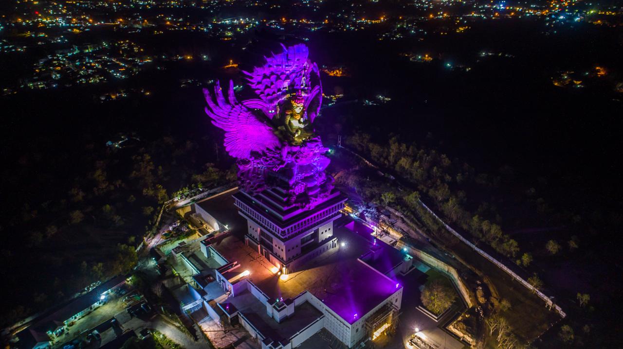 Evening illuminated view of Garuda Wisnu Kencana statue Bali