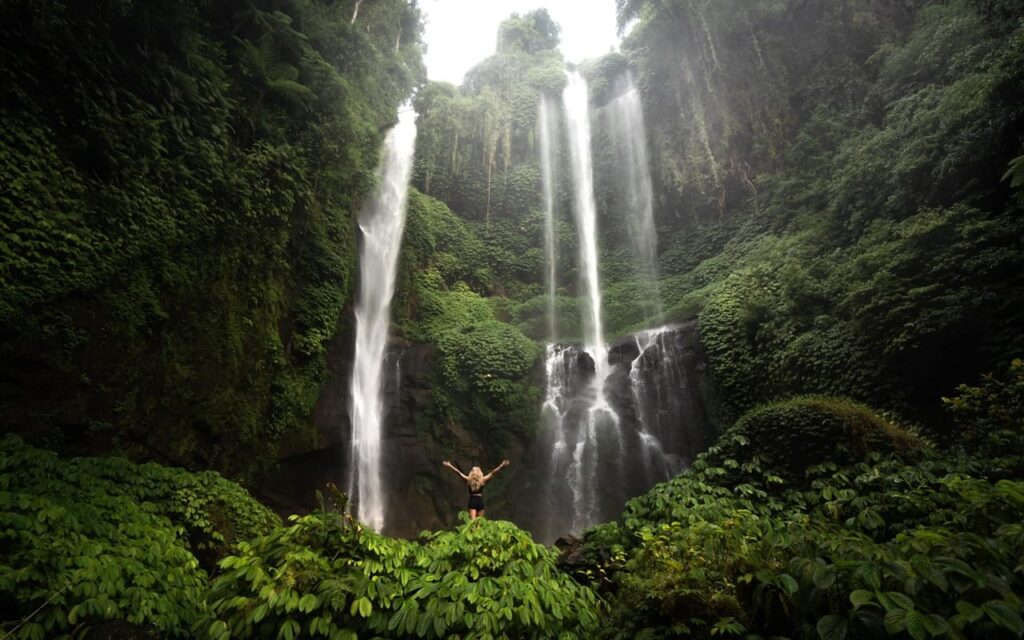 Gitgit Waterfall during Bali wet season with powerful flow