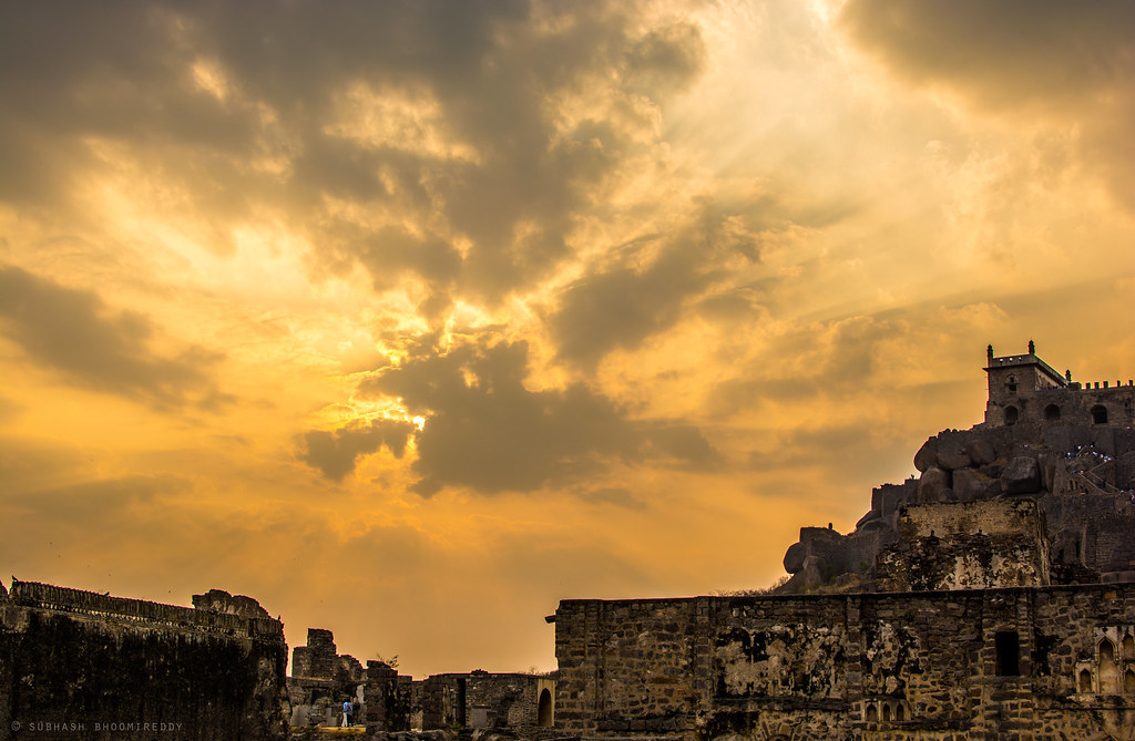Sunset tones on Golconda Fort walls