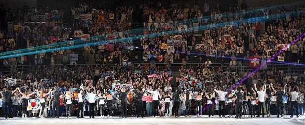 Crowd ice skating at Delhi rink during evening
