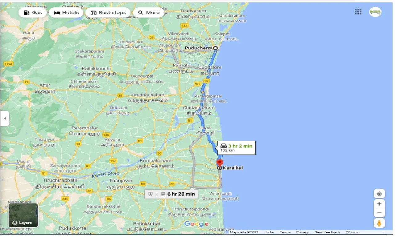 Travel route and arrival area near Karaikal coastline