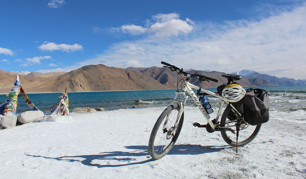 Motorcycle rider on Leh to Pangong Lake route