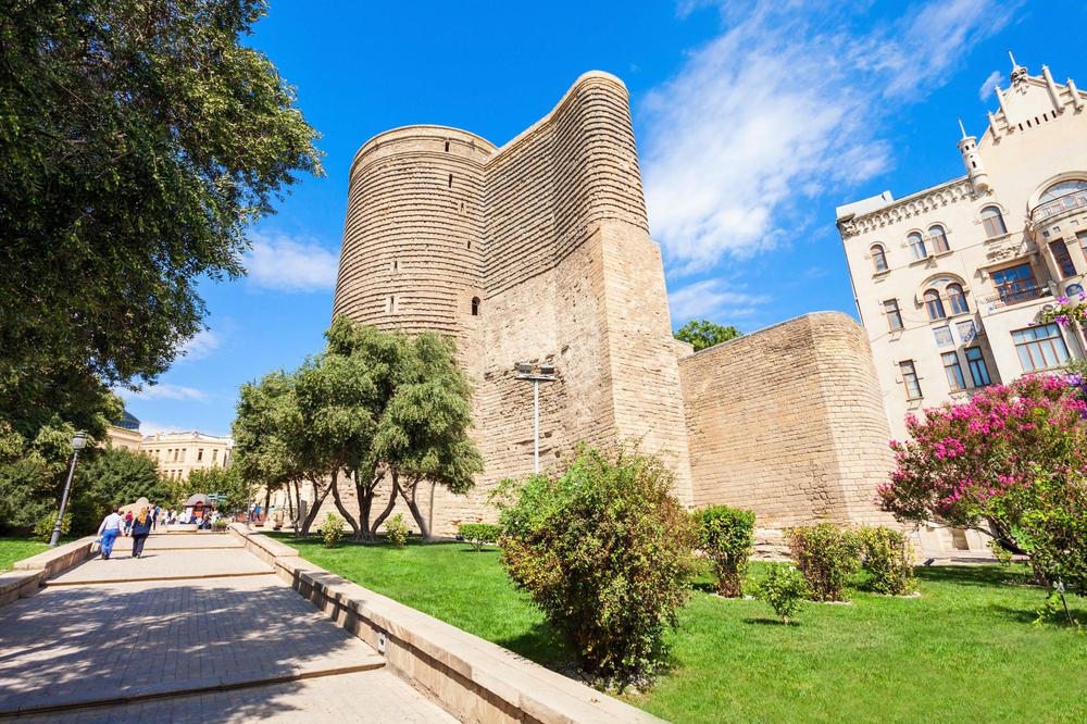Maiden Tower Baku against blue sky