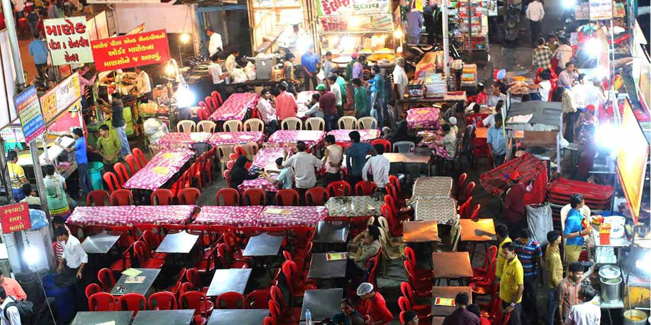 Late night crowd at Manek Chowk food street in Ahmedabad