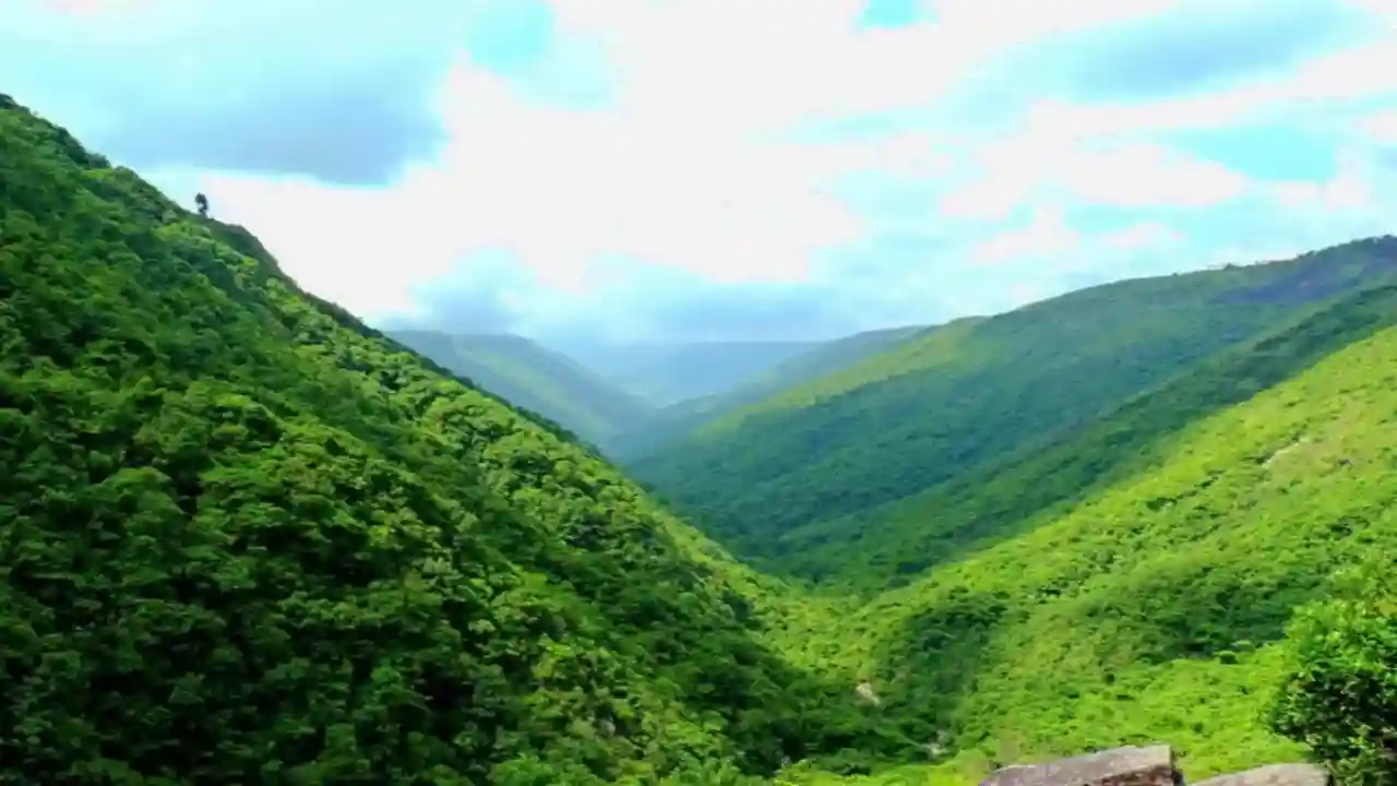 Mawkdok Dympep Valley Viewpoint overlooking deep green valleys in Meghalaya