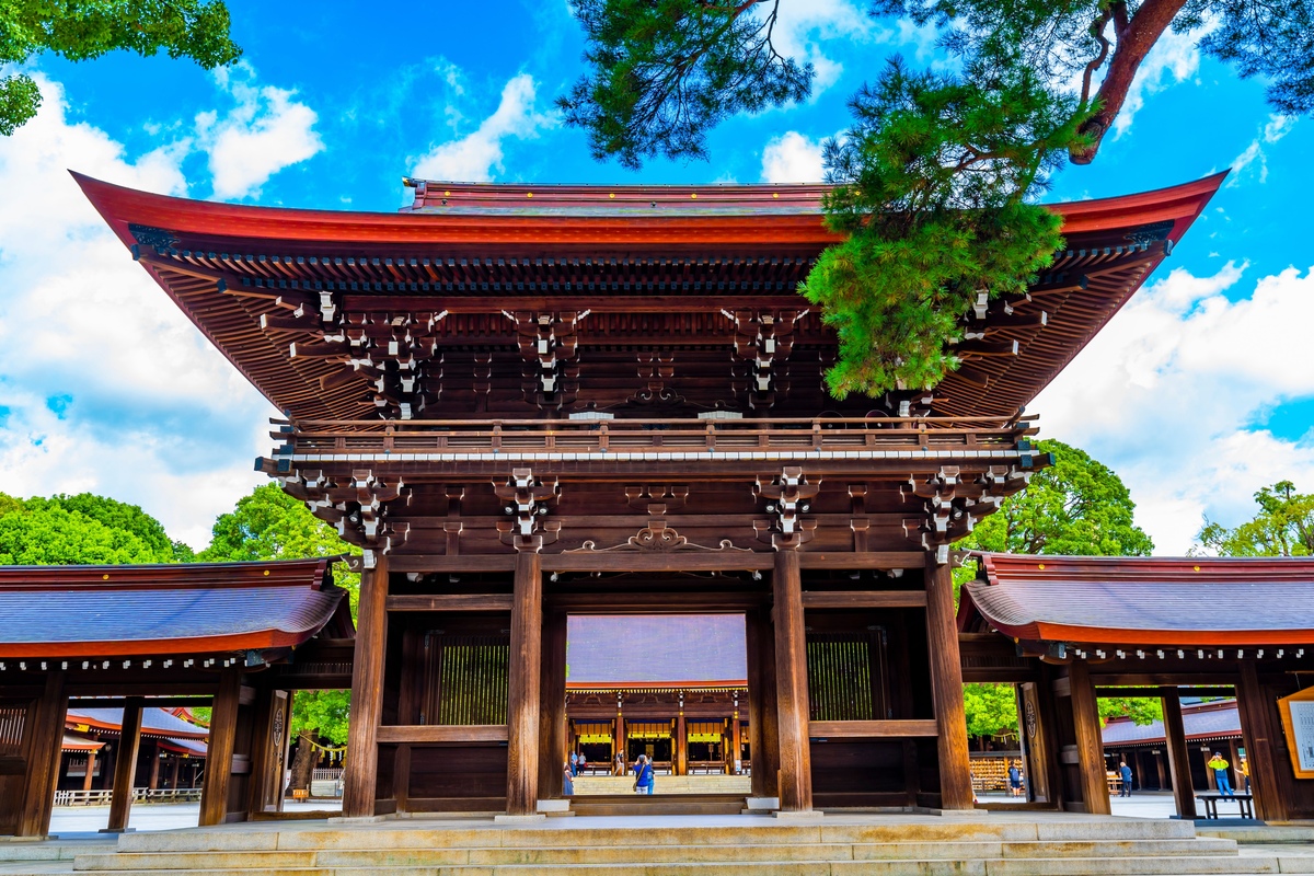 Grand torii gate entrance at Meiji Jingu Shrine Tokyo