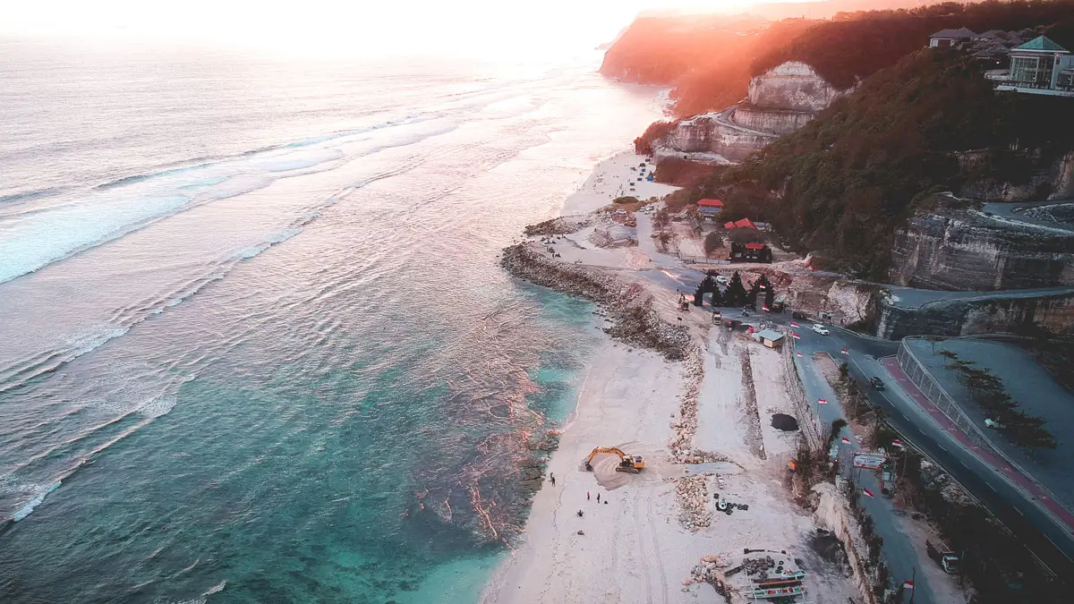 Melasti Beach Bali cliffs and turquoise shoreline overview