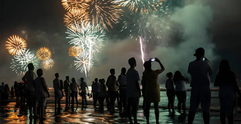 New Year beach party atmosphere in India with lights and crowd