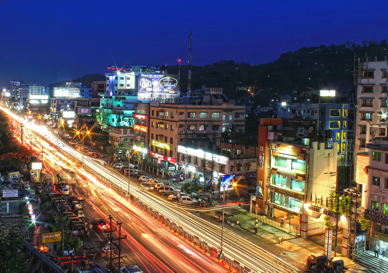 Nightlife in Guwahati with city lights and evening crowd