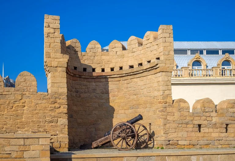 Fortress entrance and stone lanes in Old City Baku Icheri Sheher