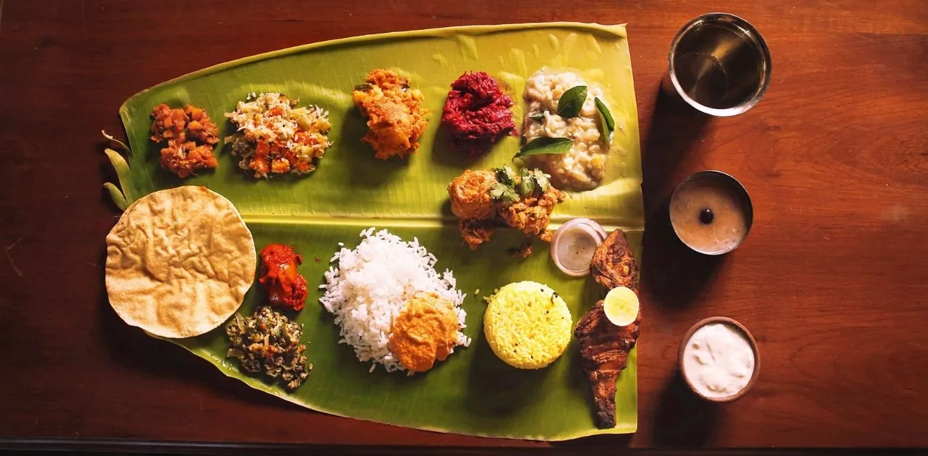 Traditional Tamil banana leaf meal in Thanjavur