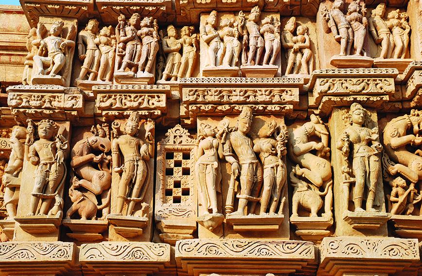 Intricate sculpture detail on Khajuraho temple wall