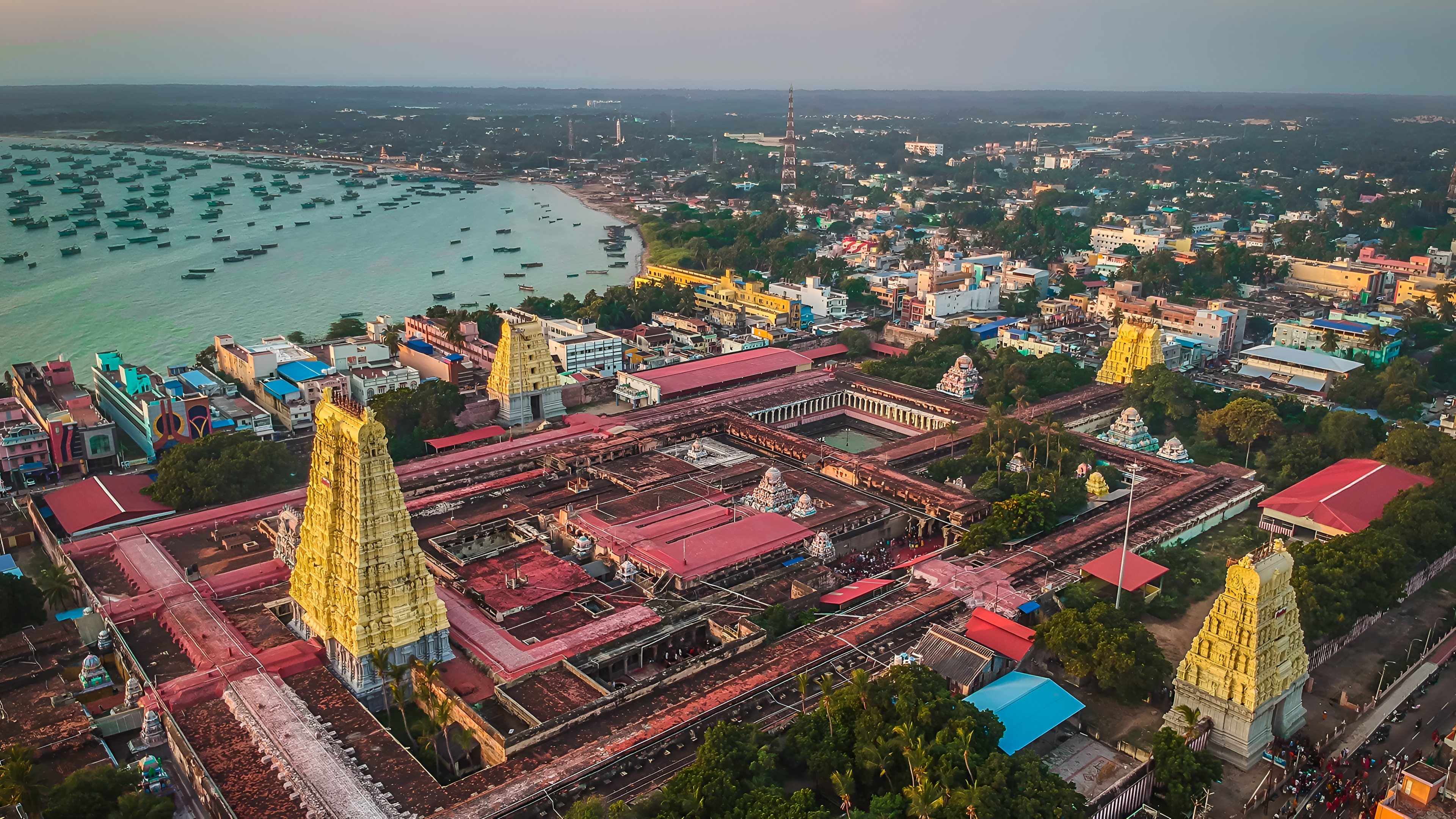 Rameshwaram Temple gopuram at sunrise