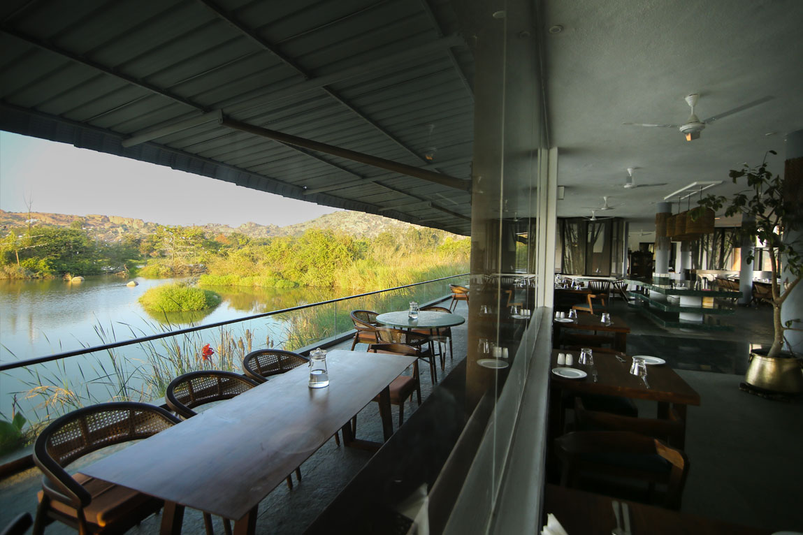 Restaurant seating with heritage-town vibe in Hampi