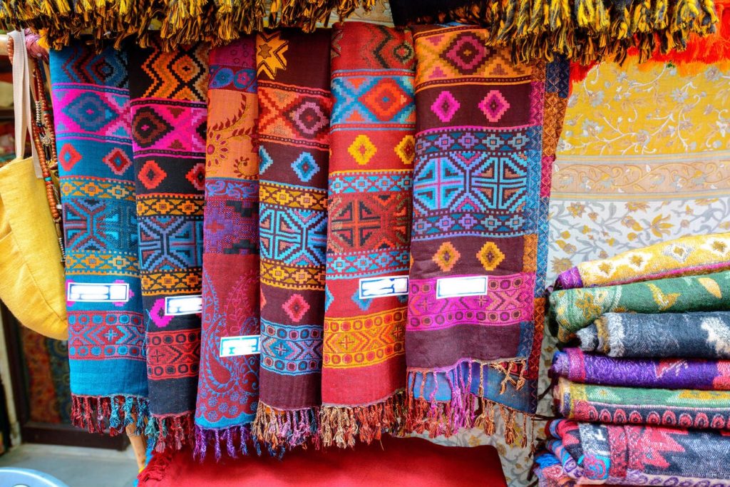 Local handicraft and woollen shopping stalls in Tawang market