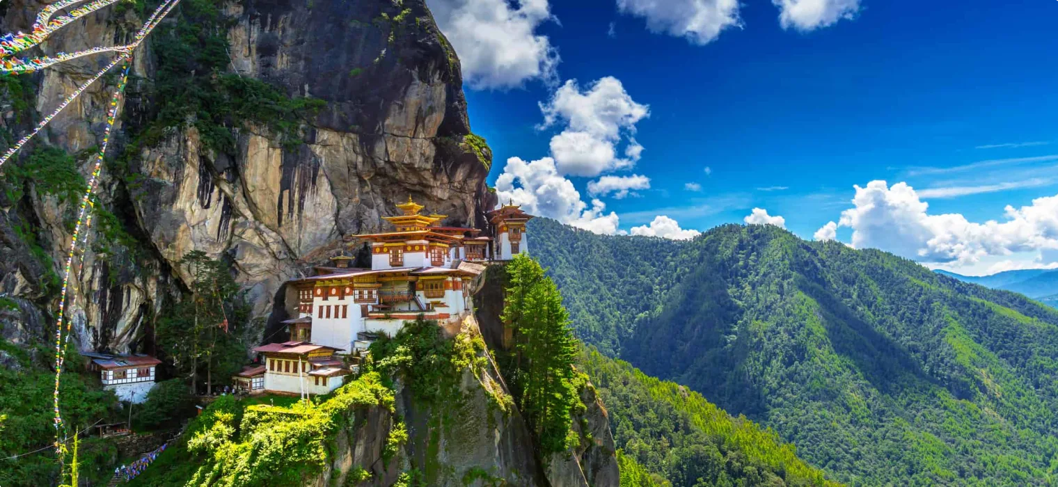 Paro Taktsang Tiger Nest monastery perched on cliff in Paro Bhutan