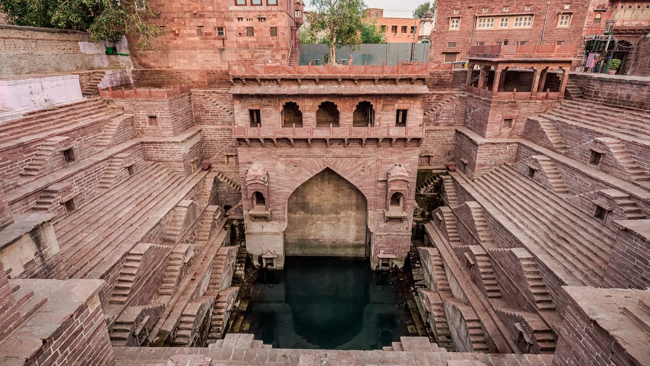 Top view of Toorji Ka Jhalra stepwell in Jodhpur with geometric stair patterns