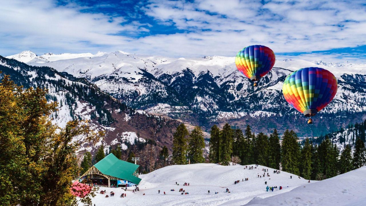 Manali valley view with Beas river and mountain slopes
