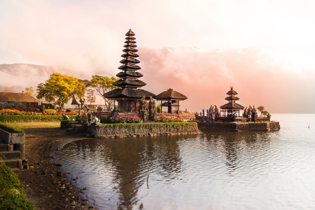 Morning mist over Lake Beratan near Ulun Danu temple