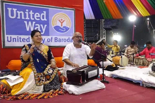 Live Garba music stage and crowd atmosphere in Vadodara Navratri event