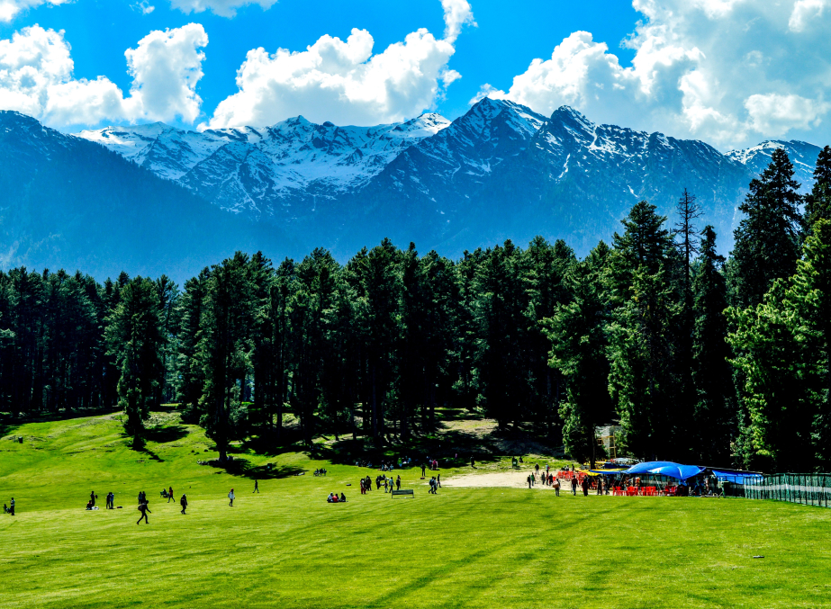 Pahalgam valley with Lidder river, pine slopes, and mountain backdrop
