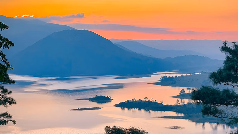 Umiam lake valley landscape with pine covered hills in Meghalaya