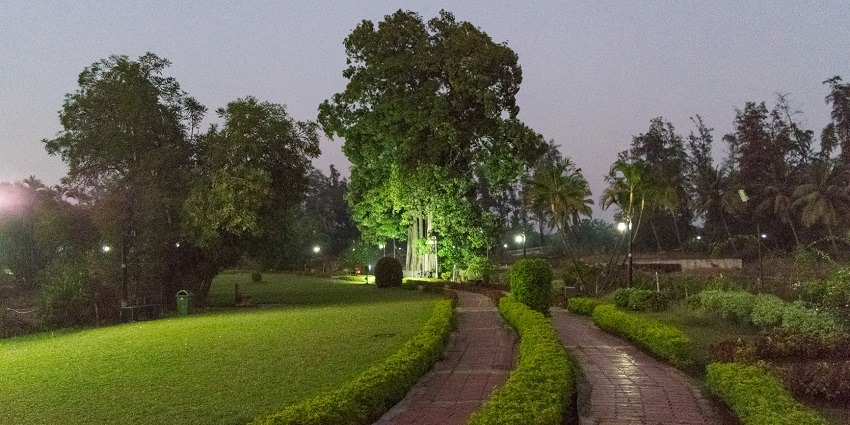 Paved walkway and trees inside Vandhara Garden