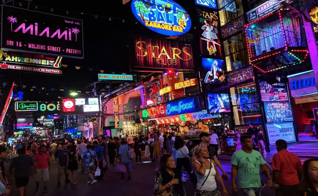 Walking Street Pattaya at night with neon lights