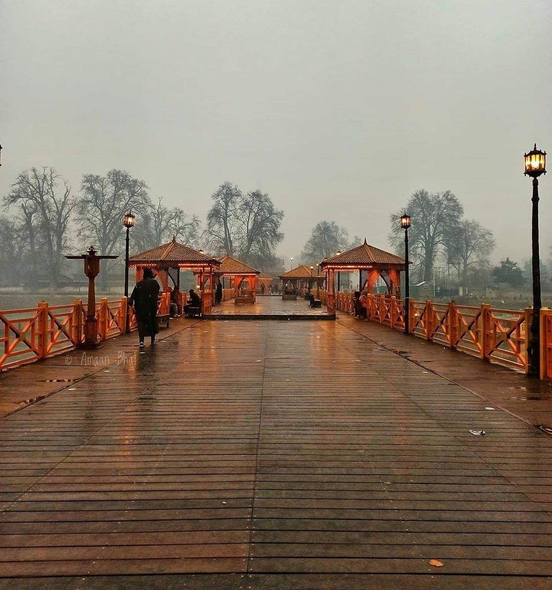 Zero Bridge Srinagar during golden hour with warm light and long shadows